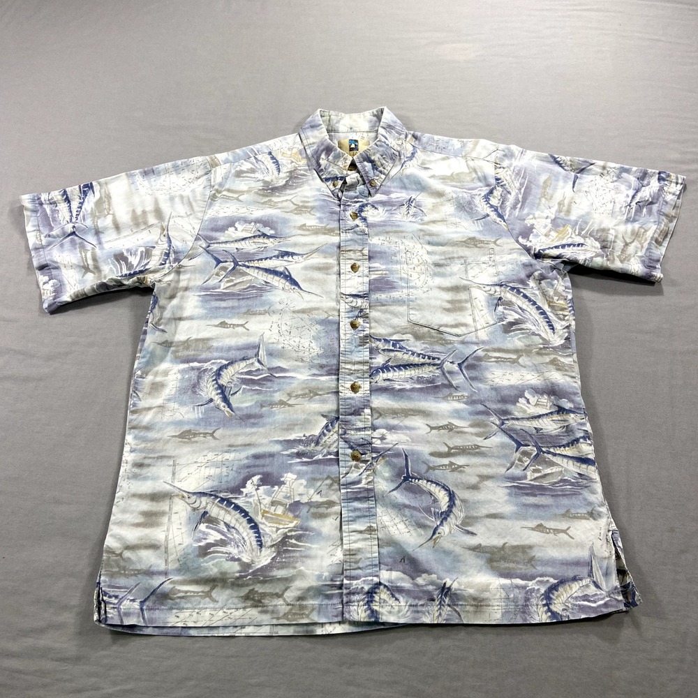 VINTAGE Kahala Shirt Mens Medium Blue Hawaiian Marlin Fish Button Up Beach *‎